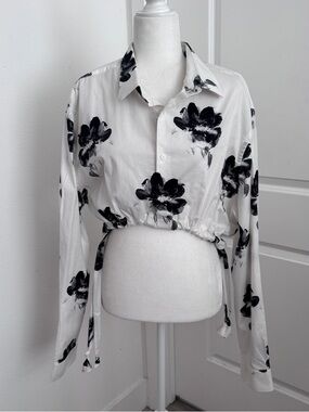 White Cropped Button-Up Top with Black Floral Print